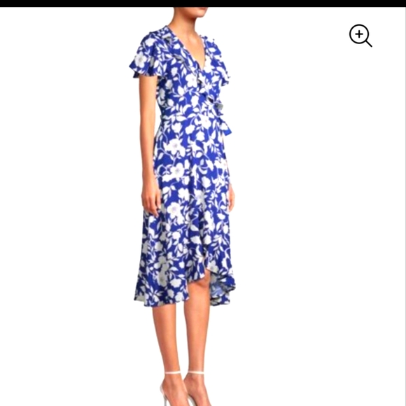 Time and Tru NWT Low Neck Midi Length Floral Wrap Dress Blue and White 537 - Picture 4 of 11